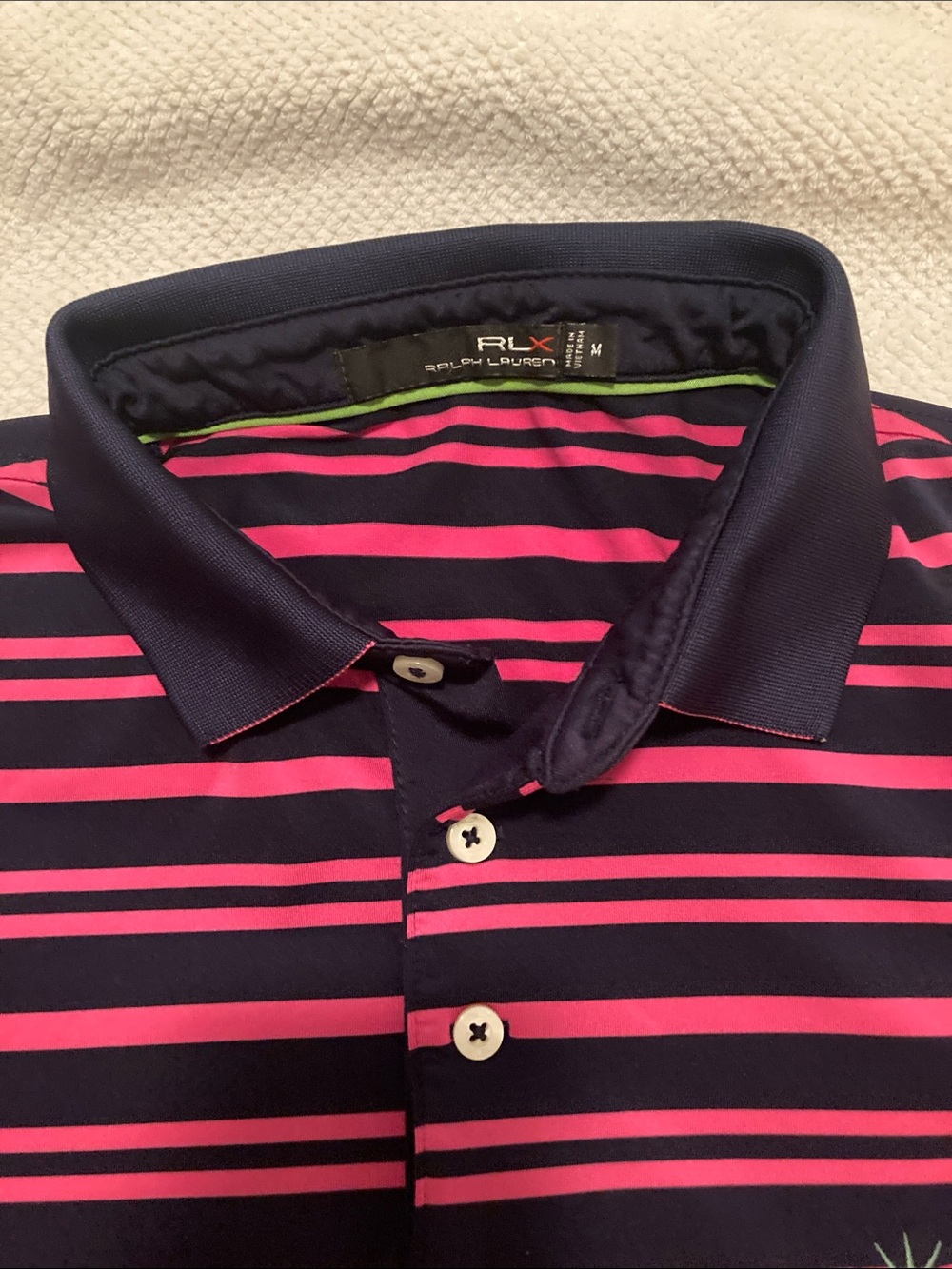 Ralph Lauren RLX Navy Golf Polo with Hot Pink Stripes